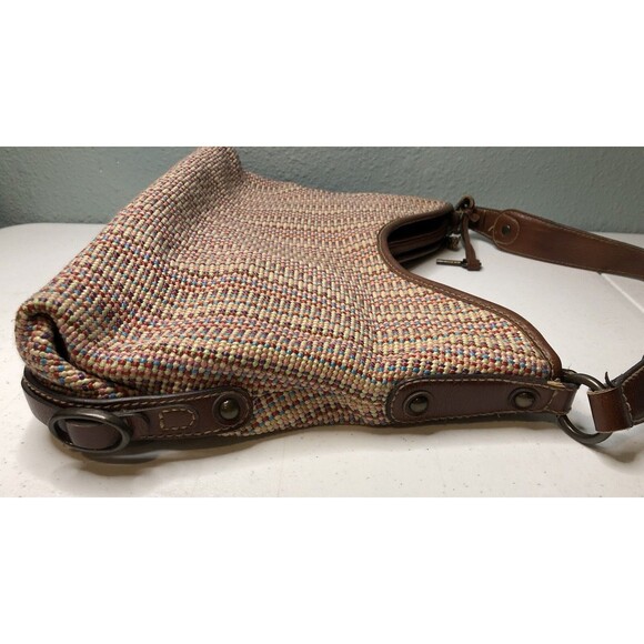 VTG Y2K Fossil Key Woven Nylon Brown Leather Hobo Bag Handbag Shoulder Purse - Picture 3 of 15